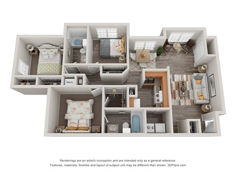 A 3D floor plan of a house with multiple rooms.